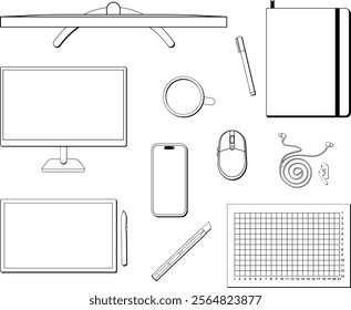 Set Office Computer PC Illustration 2D Black and White