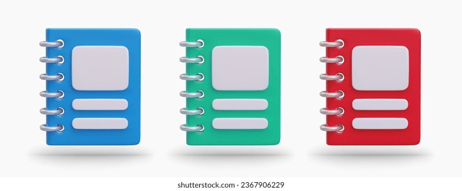 Set of office copybooks in different colors. Realistic notebooks with clean covers, mockup. Vector objects in vertical position. Blue, green, red planner