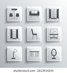 Set Office desk, Armchair, Dressing table, Chair, Table lamp, Wardrobe, Chandelier and  icon. Vector