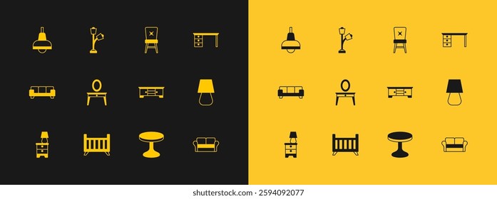 Set Office desk, Baby crib cradle bed, TV table stand, Round, Dressing, Chair, Lamp hanging and Floor lamp icon. Vector