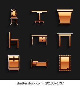 Set Office desk, Bed, Picture, Wooden table, Furniture nightstand, Chair, Flower pot and  icon. Vector