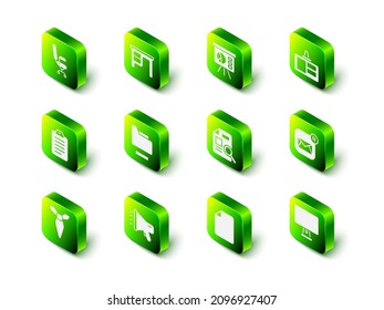 Establezca el escritorio de Office, el tablero con gráfico, la placa de identificación, el sobre, el monitor de ordenador, el gráfico de documentos, el documento de archivo y el icono Megaphone. Vector