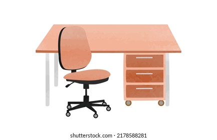 Set Of Office Desk And Office Chair Clipart. Simple Working Desk And Swivel Chair Watercolor Style Vector Illustration Isolated On White Background. Office Table And Chair Cartoon Hand Drawn Doodle