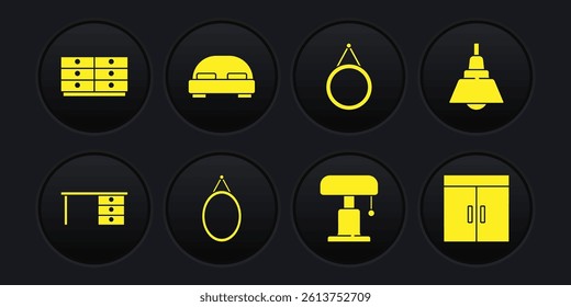 Set Office desk, Chandelier, Mirror, Table lamp, Big bed, Wardrobe and Chest of drawers icon. Vector