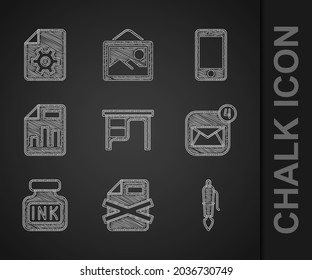 Set Office desk, Delete file document, Fountain pen nib, Envelope, Inkwell, Document with graph chart, Mobile phone and settings icon. Vector