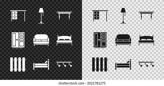 Set Office desk, Floor lamp, Wooden table, Heating radiator, Bed, Led track lights and lamps, Wardrobe and Sofa icon. Vector