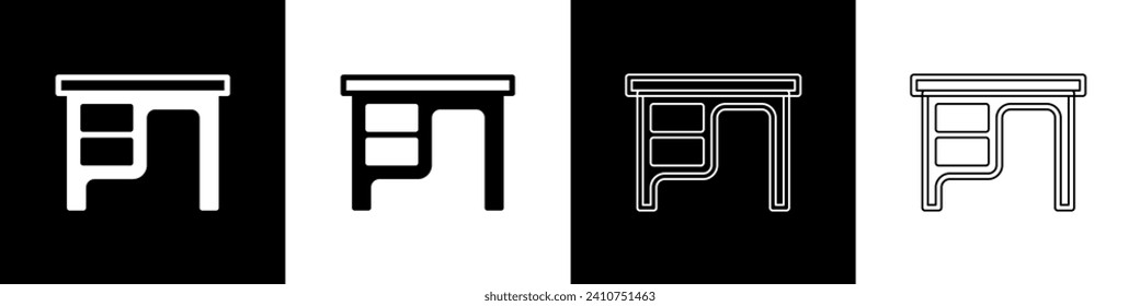 Stellen Sie Office-Schreibtischsymbol einzeln auf schwarz-weißem Hintergrund ein.  Vektorgrafik