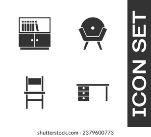 Indique el escritorio de Office, la biblioteca, la silla y el icono de sillón. Vector