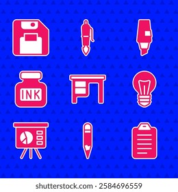Set Office desk, Pencil, To do list or planning, Light bulb, Board with graph, Inkwell, Marker pen and Floppy disk icon. Vector
