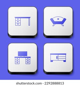 Set Office desk, Sofa,  and TV table stand icon. White square button. Vector