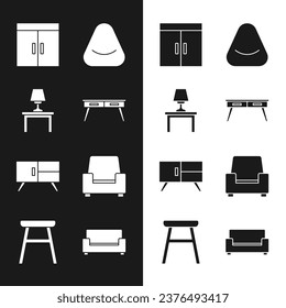 Set Office desk, Table lamp on table, Wardrobe, Pouf, Chest of drawers, Armchair, Sofa and Chair icon. Vector