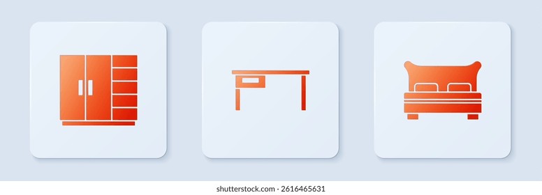 Set Office desk, Wardrobe and Big bed. White square button. Vector