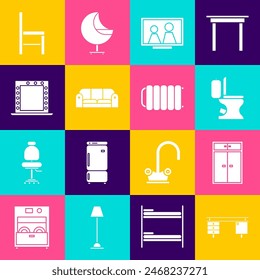 Set Office desk, Wardrobe, Toilet bowl, Picture frame on table, Sofa, Makeup mirror with lights, Chair and Heating radiator icon. Vector