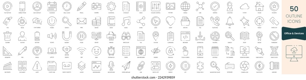 Set of office and devices icons. Thin outline icons pack. Vector illustration