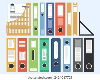 Conjunto de carpetas de documentos de oficina, conjunto aislado Vector de archivos y carpetas y carpetas, diseño plano. 