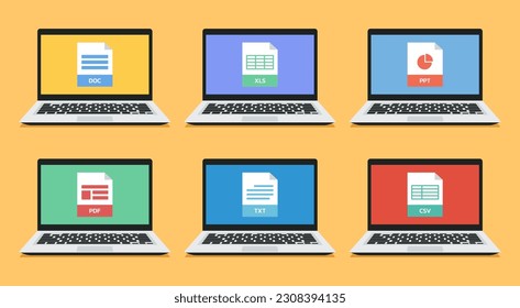 set of office document such as DOC, XLS, PPT, PDF, TXT, and CSV file format icon on laptop screen, flat vector illustration