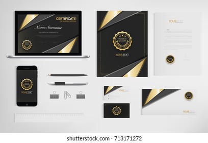 Set of office documents for business, Include laptop, tablet, smartphone, pen, pencils, paperclip, business cards, envelope, document file, certificate, vector Illustration.