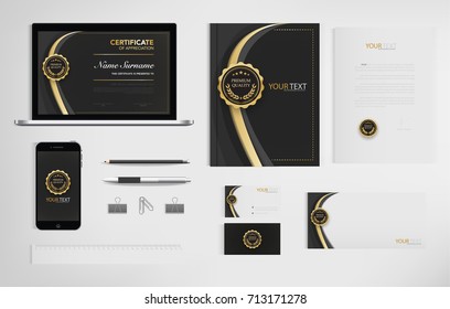 Set of office documents for business, Include laptop, tablet, smartphone, pen, pencils, paperclip, business cards, envelope, document file, certificate, vector Illustration.