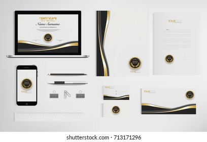 Set of office documents for business, Include laptop, tablet, smartphone, pen, pencils, paperclip, business cards, envelope, document file, certificate, vector Illustration.