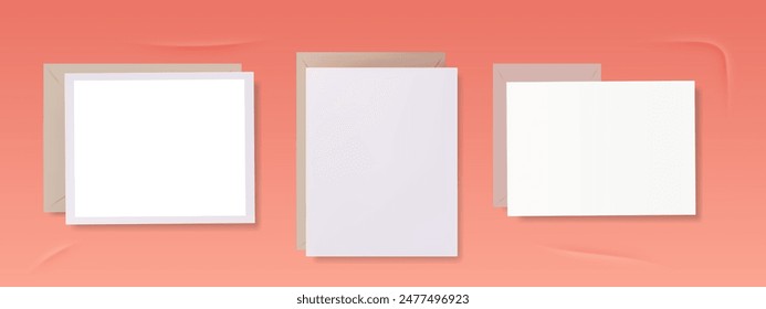 Set of office documents. Paper pages with envelope. Set of letterheads. Blank office documents. List, vertical white sheets, stationery. Pages for business notes, letters, notifications, messages. 