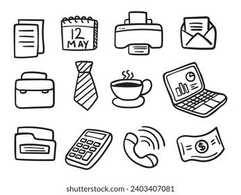 Set of office doodle illustrations on a white background. Hand-drawn office element vectors