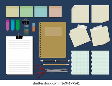 Set of office, drawing and writing tools. Тotebook, pen, pencil, paper stickers. Multicolored note paper