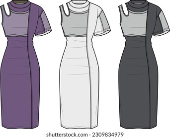 Set of office dresses flat sketch technical drawing vector illustration template