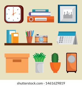 set of office element with books and calendar raport