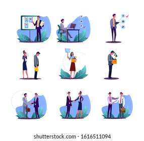 Set of office employees finding and losing job. Flat vector illustrations of employers hiring and firing staff. Human resource management concept for banner, website design or landing web page