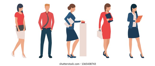 Set Of Office Employees At Work. Group Of Successful Young Managers In Smart Casual Clothing Busy With Files. Vector Illustration Can Be Used For Presentation, Brochure, Expertise