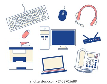 Set office IT equipment. Computer, laptop. Keyboard, mouse and headset. MFP, telephone PBX. USB flash. Collection Technologies. Scanner and printer. Router. Color image stroke. Vector illustration