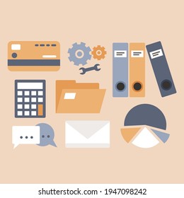 Set of office equipment in a flat design style. Calculator, binder, file, folder, screwdriver, envelope, bank card, pie chart, bubble text.