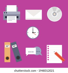 Set of office equipment in a flat design style. printer, envelop, disc, clock, binder, bubble text, paper with pencil.