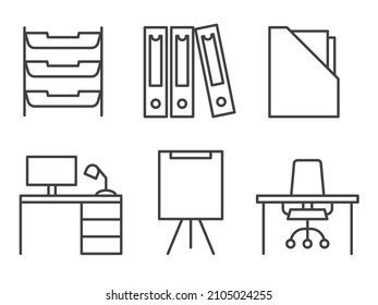 set of office equipment icons: documents storage, desk, computer, whiteboard, chair - vector illustration