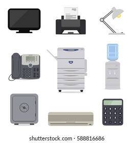 Set of office equipment, isolated on a white background. There is a printer, a monitor, a conditioner, a phone, a copy machine, a safe, a water cooler, a calculator, a lamp in the picture. Vector