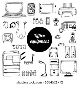 Ein Satz Büroausstattung. Vektorillustration-Skizze
