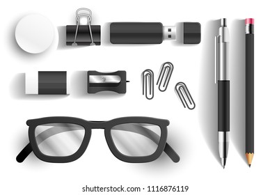 Set of office equpsment. Glass, pen, pencil, usb, binder.  Vector illustration EPS10