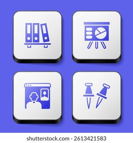 Set Office folders, Board with graph, Video chat conference and Push pin icon. White square button. Vector