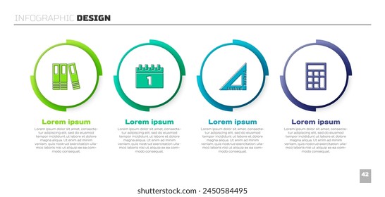 Establecer carpetas de Office, Calendario fecha de primer septiembre, Regla triangular y Calculadora. Plantilla de infografía de negocios. Vector