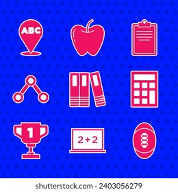 Set Office folders, Chalkboard, American Football ball, Calculator, Award cup, Molecule, Clipboard with checklist and Alphabet icon. Vector