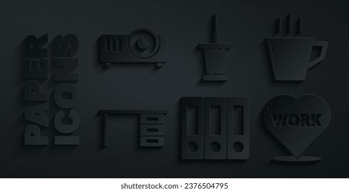 Set Office folders, Coffee cup, desk, Heart with text work, Push pin and Movie, film, media projector icon. Vector