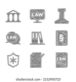 Set Office folders, Document and pen, Law book, Police badge, Stamp and Courthouse building icon. Vector
