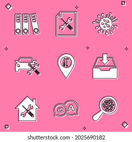Set Office folders, File document service, Bacteria, Car, Location, Download inbox, House and Question and Answer icon. Vector