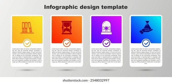Set Office folders, Old hourglass, Flasher siren and Bribe money bag. Business infographic template. Vector