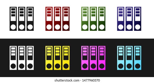Set Office folders with papers and documents icon isolated on black and white background. Office binders. Archives folder sign.  Vector Illustration