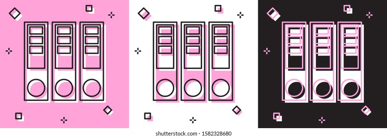 Set Office folders with papers and documents icon isolated on pink and white, black background. Office binders. Archives folder sign.  Vector Illustration