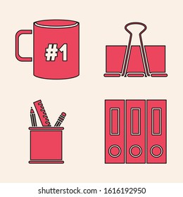 Set Office folders with papers and documents, Coffee cup flat, Binder clip and Pencil case stationery icon. Vector