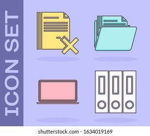 Set Office folders with papers and documents, Delete file document, Laptop and Document folder icon. Vector