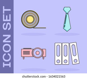 Set Office folders with papers and documents, Scotch, Presentation, movie, film, media projector and Tie icon. Vector