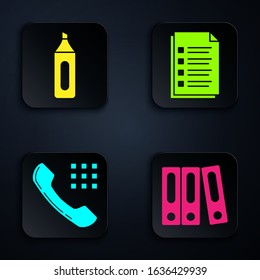 Set Office folders with papers and documents, Marker pen, Telephone handset and File document. Black square button. Vector